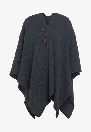 Donkergrijze poncho van textuurstof, met een v-hals, losse mouwen en een decoratieve strik met een houten kraal.