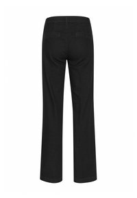 Pantalones rectos negros con trabillas y dos bolsillos traseros de ojal, mostrados desde la parte trasera sobre un fondo blanco.