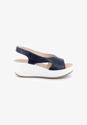 Sandalo nero in pelle con punta aperta e cinturino posteriore, suola zeppa piattaforma bianca e sottopiede imbottito beige.