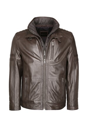 Brown leather jacket with a zip front, high collar, and multiple zippered pockets. Features textured panels on shoulders and sleeves.