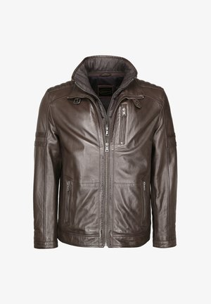 Veste en cuir marron avec fermeture à glissière à l'avant, col haut et plusieurs poches zippées. Présente des panneaux texturés sur les épaules et les manches.