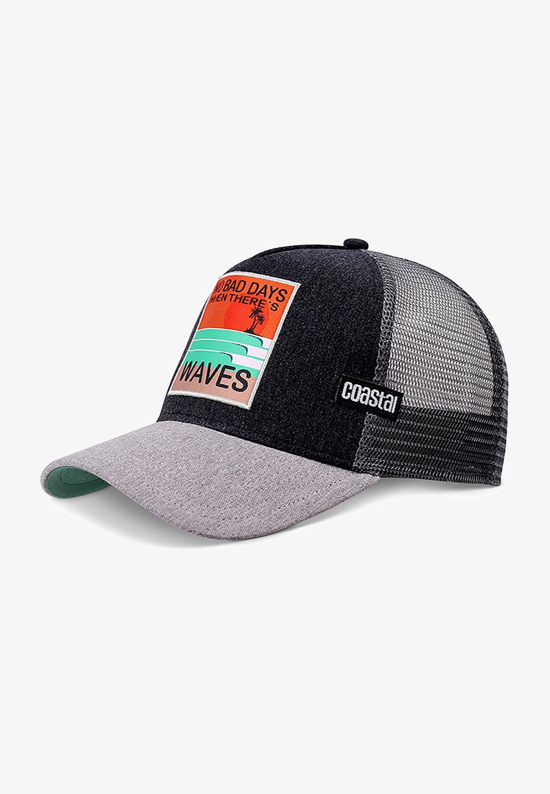 Black and gray baseball cap with a mesh back, featuring a colorful front patch with the text “No Bad Days” and palm tree design.