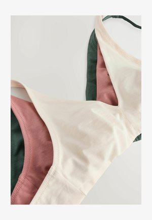 Podprsenka vyrobená z jemnej látky s farebným blokovým dizajnom v krémovej, ružovej a tmavozelenej farbe. Má nastaviteľné ramienka a hladké švy.