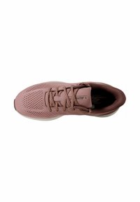 Zapatilla deportiva de color rosa claro con parte superior de malla, mostrando los cordones y una suela acolchada, vista desde arriba.