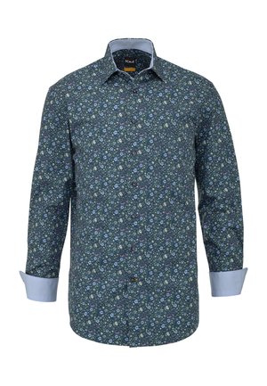 Herrenlangarmhemd mit Knöpfen, dunkelblauem Blumenmuster und hellblauer Innenmanschette sowie Kragenfutter.