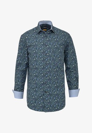 Camicia da uomo a maniche lunghe con bottoni, caratterizzata da un motivo floreale scuro e polsini e collo interni di colore azzurro chiaro.