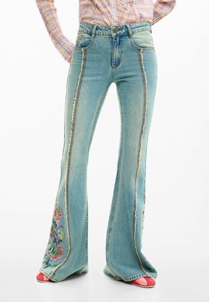 WITH FLORAL STITCHING - Flared Jeans - blue