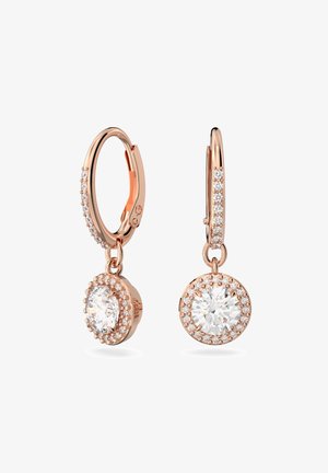 Ohrringe aus roségold mit Tropfendesign, verziert mit runden klaren Kristallen, umgeben von kleineren Akzentsteinen. Hochglanz-Oberfläche.