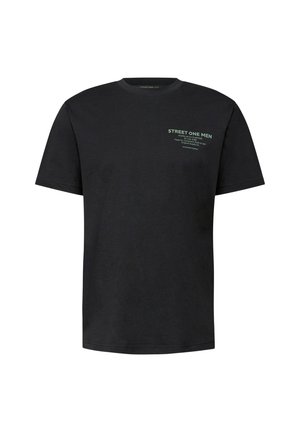 Zwart katoenen T-shirt met korte mouwen, ronde hals en groene tekstdetails. Eenvoudig ontwerp, klassieke pasvorm, zonder zichtbare patronen of accenten.