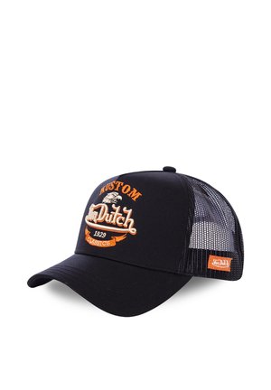 Casquette trucker en maille noire avec visière courbée, logo "Von Dutch" orange et crème ainsi que broderie d'aigle, étiquetée "Custom Classics 1929".