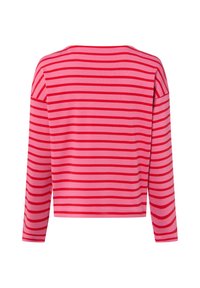 Langärmeliges, kurz geschnittenes Oberteil in Pink mit dunkelrosa horizontalen Streifen. Weicher Stoff mit entspannter Passform und weitem Ausschnitt.