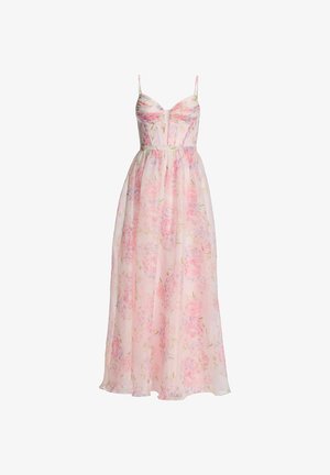 Robe maxi rose clair à fleurs avec fines bretelles, corsage froncé ajusté et jupe fluide transparente.