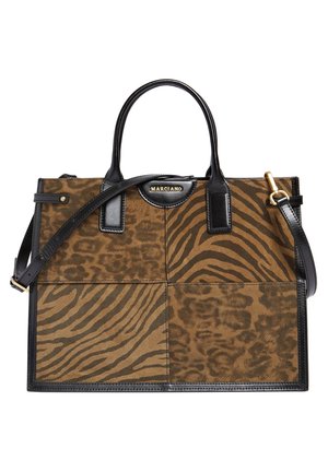 Brun pletmønstret dyreprint shoppertaske med sorte læderhåndtag og kant, gulddetaljer og "MARCIANO" logo på frontpanelet.