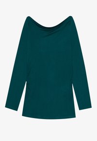 Teal langermet topp med drapert utringning og rynkedetaljer på siden. Laget av et glatt, elastisk stoff, med en avslappet passform.
