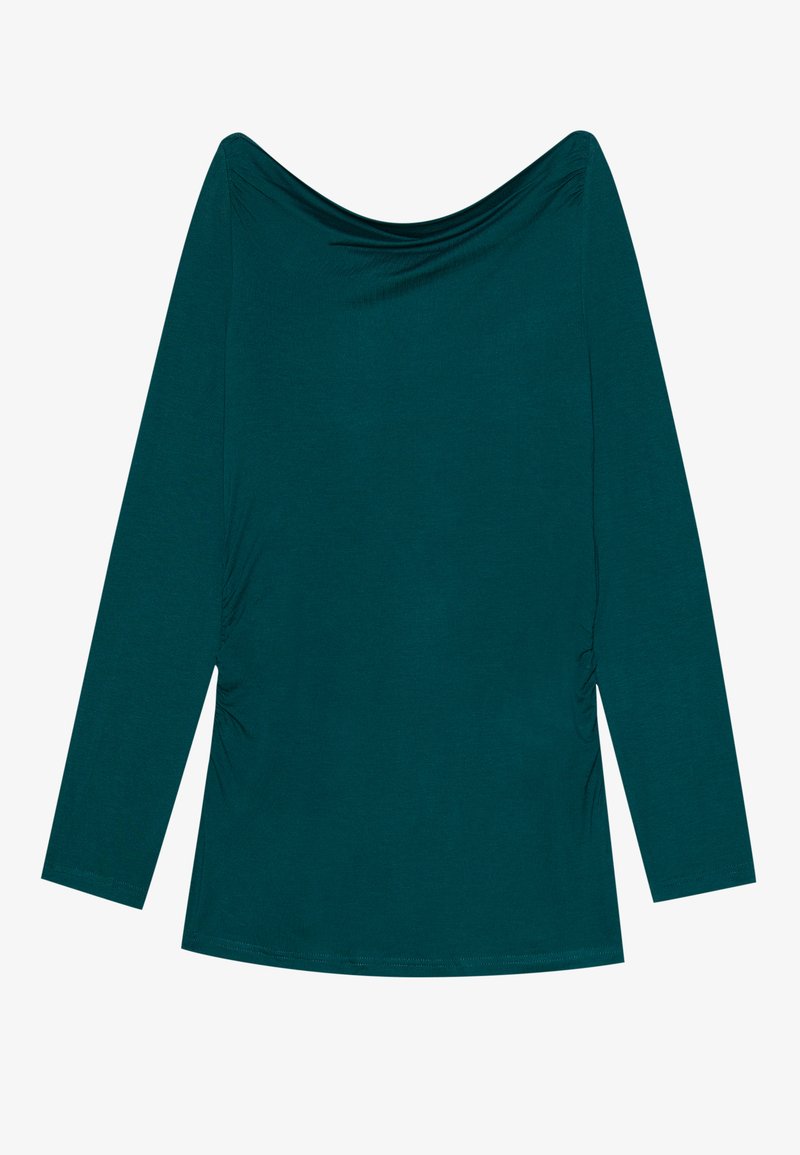 Błękitna bluzka z długim rękawem o drapowanym dekolcie i bocznymi marszczeniami. Wykonana z gładkiego, elastycznego materiału, charakteryzuje się luźnym krojem.