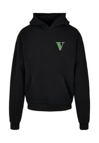 Sort hættetrøje lavet af bomuldsblanding, med en forlomma, ribbede manchetter og et grønt "V" logo på venstre brystområde.