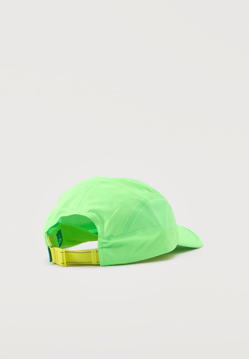 Neon green adjustable sports cap with yellow strap and mesh side panels, positioned facing backward on white background.