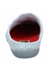 Gray felt slipper with a red interior. The back shows a rounded shape with a textured sole and a label visible inside.