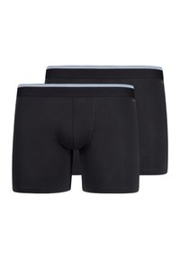 Schwarze Baumwoll-Boxershorts mit einem hellblauen elastischen Bund, die eine enge Passform und eine glatte Textur aufweisen. Zwei Paare gezeigt.