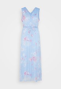 Ljusblå blommig maxiklänning med omslag, V-hals, korta ärmar och ett knytbälte. Har mönster av rosa och vita blommor.