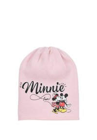 Beanie rosa a maglia con grafica di Minnie e Topolino e la scritta "Minnie Love" in nero. Texture morbida, design casual.