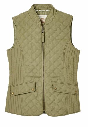 Gestepptes olivgrünes Weste mit hohem Kragen, Frontreißverschluss und zwei knopfgeschlossenen Taschen. Verfügt über ein Rautenmuster und vertikale Nähdetails.