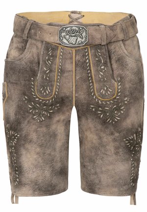 Shorts en cuir gris tamisé avec des motifs floraux brodés et des coutures jaunes. Comprend une ceinture avec une boucle en argent décorative.