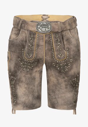Shorts en cuir gris tamisé avec des motifs floraux brodés et des coutures jaunes. Comprend une ceinture avec une boucle en argent décorative.