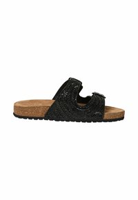 Sandalo infradito nero con una fascia testurizzata decorata con accenti metallici, plantare in sughero e suola in gomma, progettato per il comfort.