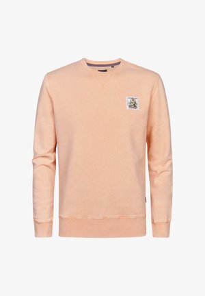 Bluza w kolorze brzoskwiniowym z okrągłym dekoltem, ściągaczami na rękawach i u dołu. Na lewej piersi małą naszywka z grafiką. Miękka w dotyku.