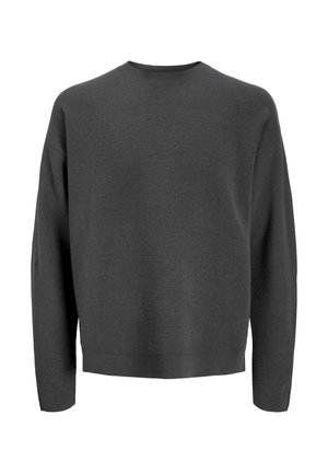 Grauer, übergroßer Sweatshirt mit rundem Hals, langen Ärmeln sowie gerippten Bündchen und Saum. Weicher Stoff ohne sichtbare Muster oder Verzierungen.