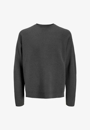 Grauer, übergroßer Sweatshirt mit rundem Hals, langen Ärmeln sowie gerippten Bündchen und Saum. Weicher Stoff ohne sichtbare Muster oder Verzierungen.