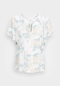 Blommig kortärmad topp i lätt tyg, med en nyckelhålsringning och mjukt utsvängda ärmar, i pastellblå, rosa och orange mönster.
