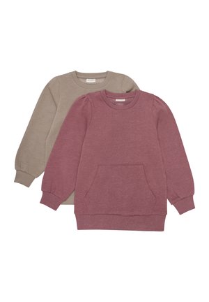 To sweatshirts: en lys beige og en rosa rød. Begge har lange ermer, ribbede mansjetter, og den røde sweatshirten har en frontlomme.