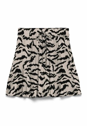 Jupe beige avec un motif abstrait de rayures de tigre noires, taille élastique et cordon à nouer à l'avant.