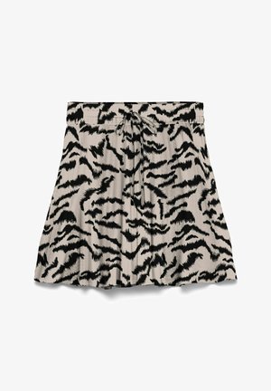 Jupe beige avec un motif abstrait de rayures de tigre noires, taille élastique et cordon à nouer à l'avant.