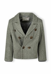 Hall võiheda lõikega hall villase bleiser, kahekordse nööpidega esipaneel ja pruunid nööbid. Omab hammastatud krae ja sileda voodri.