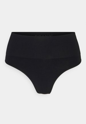 High-waisted black brief made of smooth fabric. Features seamless edges and a minimalistic design, providing full coverage.