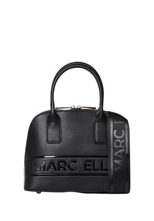 Sac à main noir en forme de dôme avec doubles poignées, lettrage embossé "MARC ELLIS" et une large bandoulière amovible avec marquage assorti.