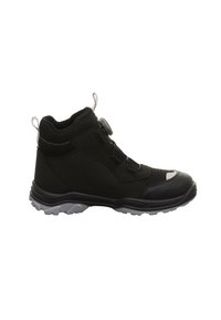 Schwarze Wanderschuhe mit einer strukturierten Oberseite und Gummisohle. Verfügt über ein schnelles Schnürsystem und eine verstärkte Zehenkappe. Hochgeschnittenes Design für Knöchelstütze.