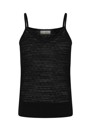 Mustast lõngast kootud varrukateta top õhukeste rihmade ja V-kaelusega, millel on struktureeritud horisontaalne muster ja ühtlane ääris.