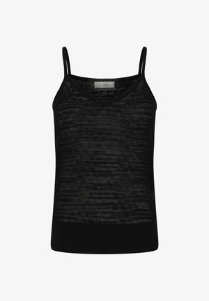Zwart gebreid mouwloos topje met dunne bandjes en een V-hals, met een gestructureerd horizontaal patroon en een effen zoom.