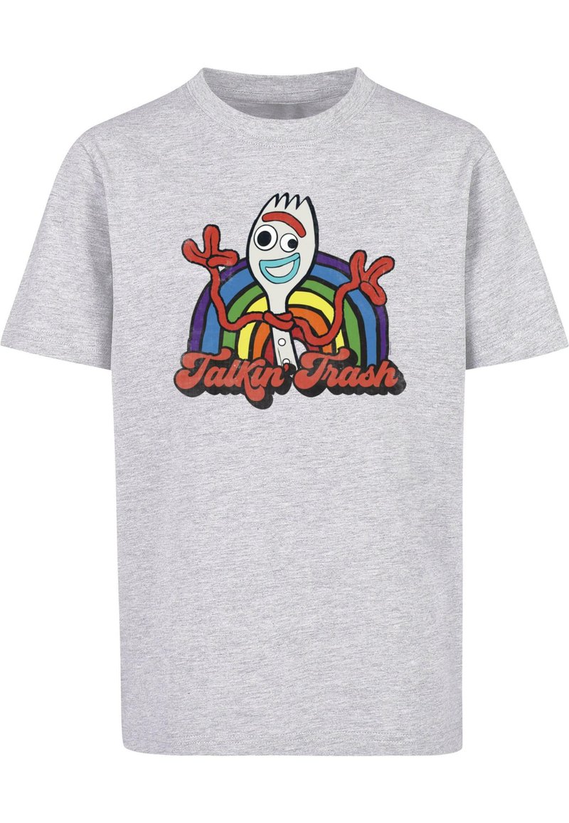 Grijze katoenen T-shirt met een illustratie van een vorkpersonage met een blauwe gezicht, rode accenten en een regenboogachtergrond. De tekst luidt "Talkin' Trash."