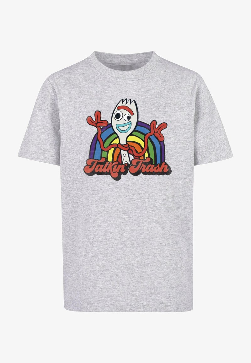 Szara bawełniana koszulka z ilustracją postaci widelca o niebieskiej twarzy, czerwonymi akcentami i tęczowym tłem, tekst brzmi "Mówiąc o śmieciach."