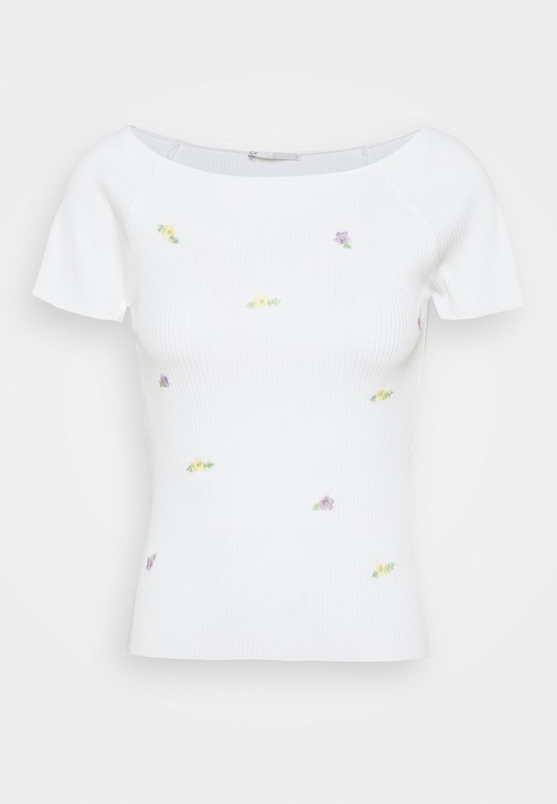 Vit ribbad kortärmad topp med blommig broderi i gult och lila. Har en rund halsringning och en figurnära design. Texturerad tyg.