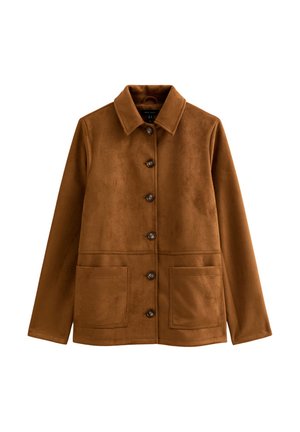 Chaqueta de ante marrón con cuello, seis botones de cierre, dos bolsillos delanteros y textura suave. Diseño simple sin patrones.
