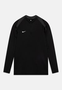 Schwarzes, langärmliges Sportoberteil mit einem Viertelreißverschluss, das graue Schulterakzente und ein kleines weißes Nike-Logo auf der Brust aufweist.