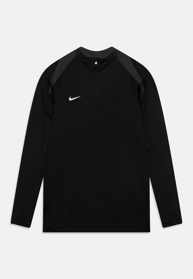 Schwarzes, langärmliges Sportoberteil mit einem Viertelreißverschluss, das graue Schulterakzente und ein kleines weißes Nike-Logo auf der Brust aufweist.