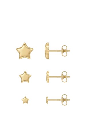 Tre par guldstjerneformede ørestikker i stor, medium og lille størrelse, vist for- og sidevisning med butterfly-lås.