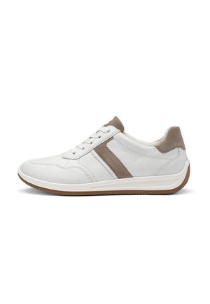 White low-top sneaker with beige suede accents, lace-up front, and rubber sole, shown in side profile on a white background.